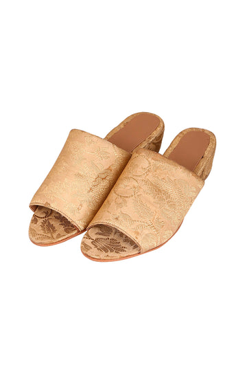 Nude Beige Brocade Block Heels